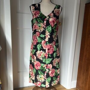 NEW Talbots Pink/Black Floral Sleeveless V Neck Dress, Fully Lined, Size 8